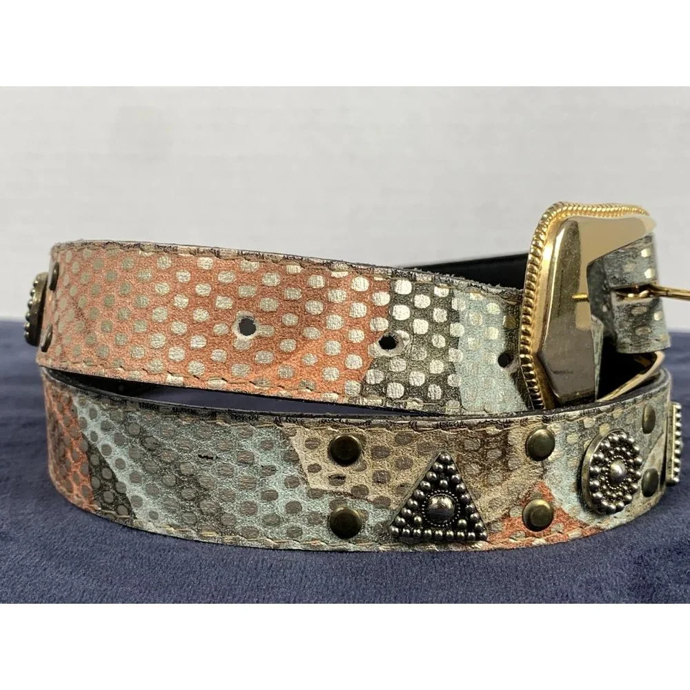 Vintage Elite Womens Belt Large Metallic‎ Medallion Gold Buckle Retro 80s 90s